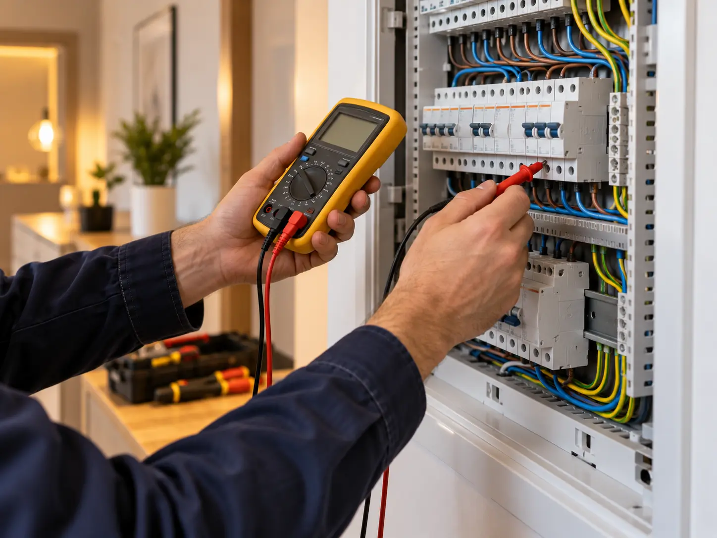 Instalador realizando comprobaciones con un equipo de medida en un cuadro eléctrico