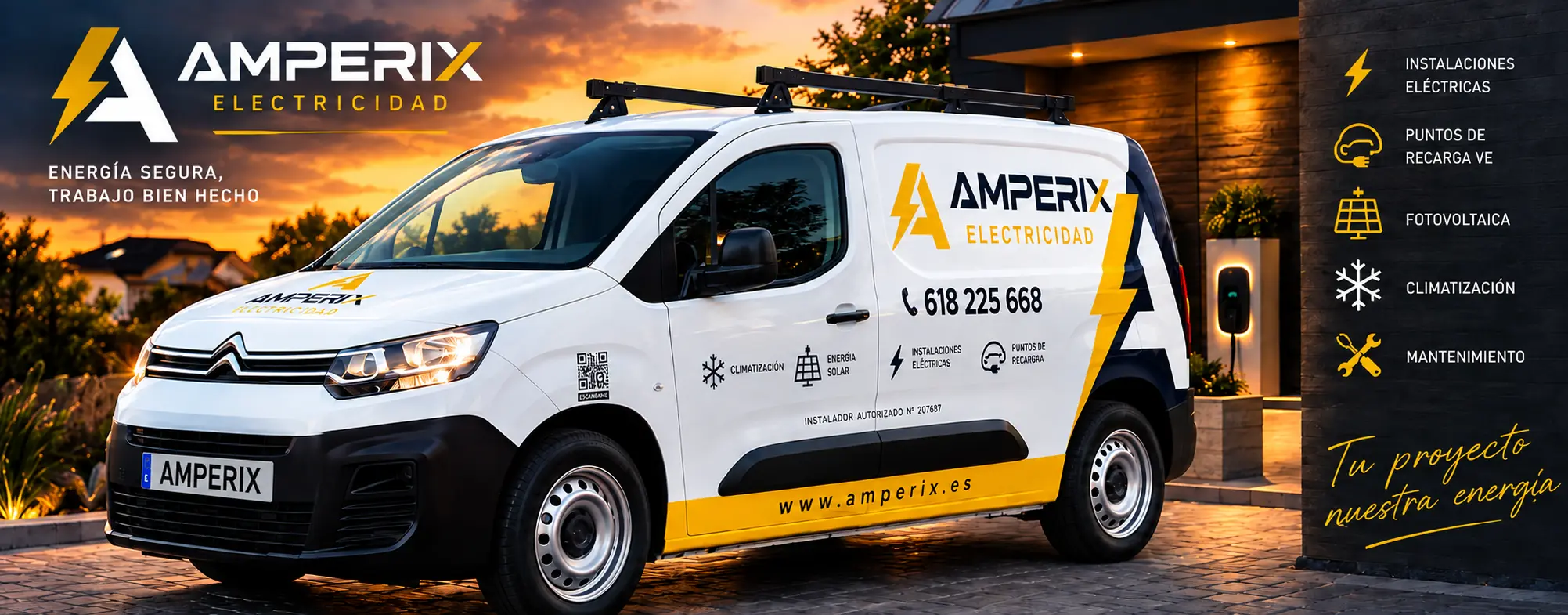 Furgoneta rotulada de Amperix Electricidad frente a una vivienda