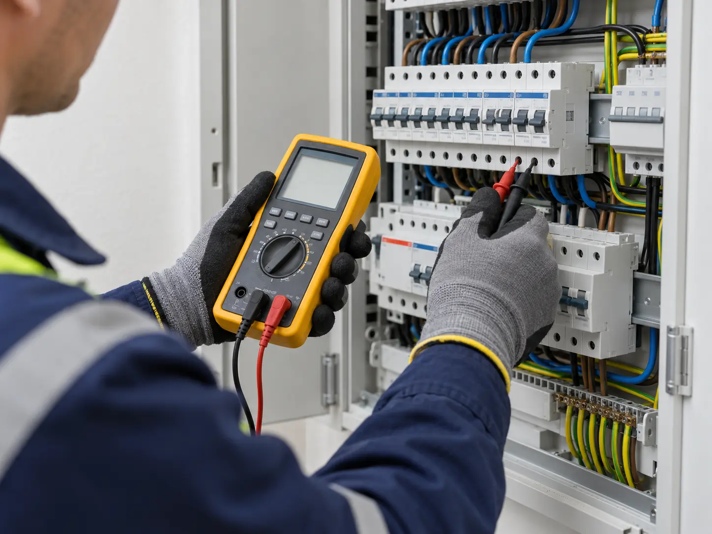 Electricista realizando mediciones para diagnosticar una avería en un cuadro eléctrico