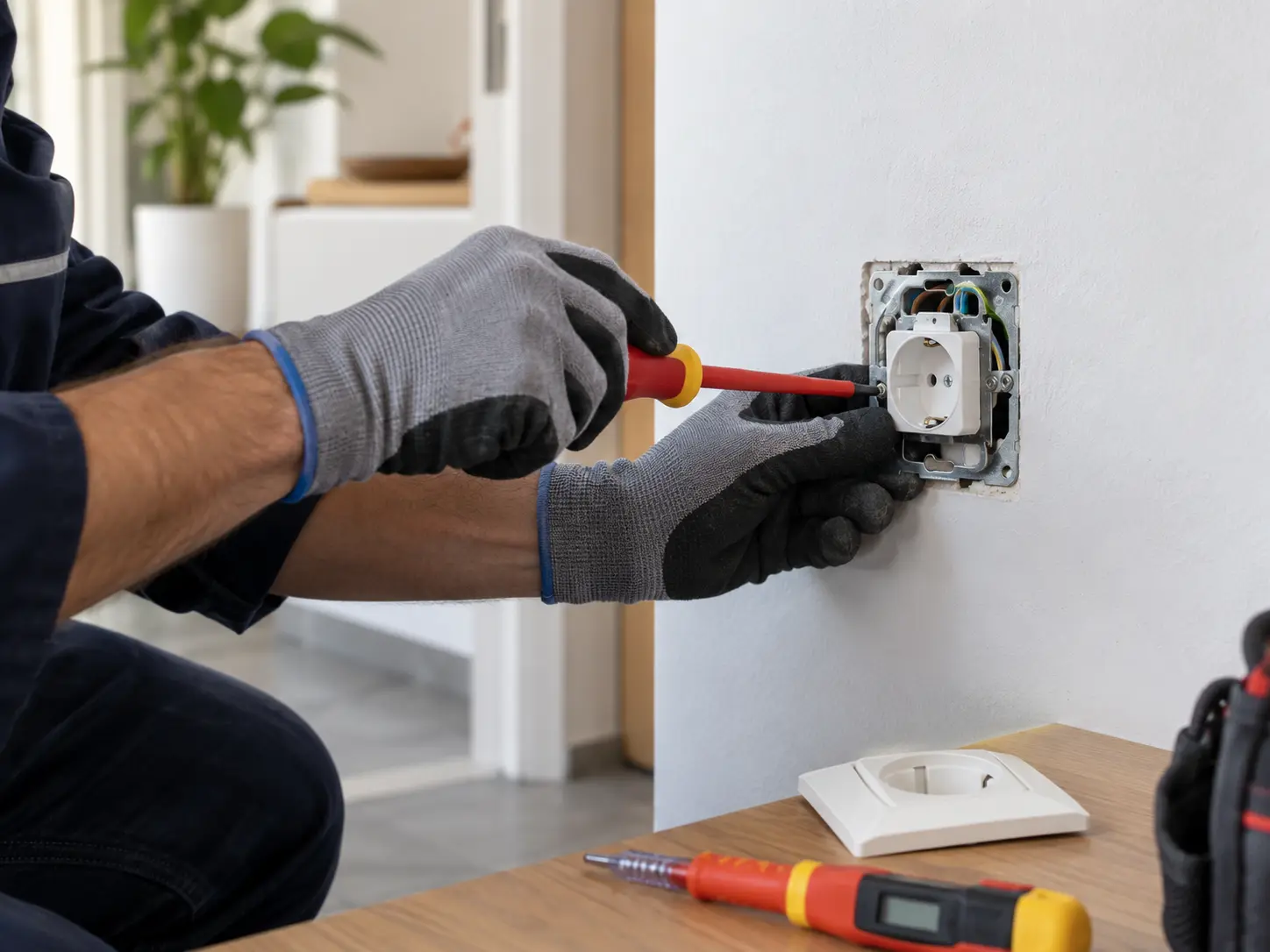 Electricista reparando de forma segura un mecanismo de enchufe